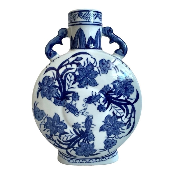 Rare Vintage Blue & White Floral Profile China Vase Two Handled Porcelain Vase - Picture 2 of 5